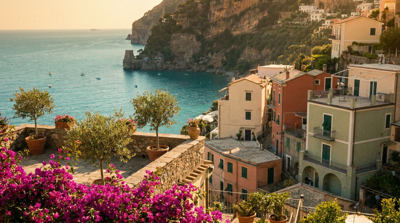 The Amalfi Coast at golden hour — pastel villages above a turquoise sea.