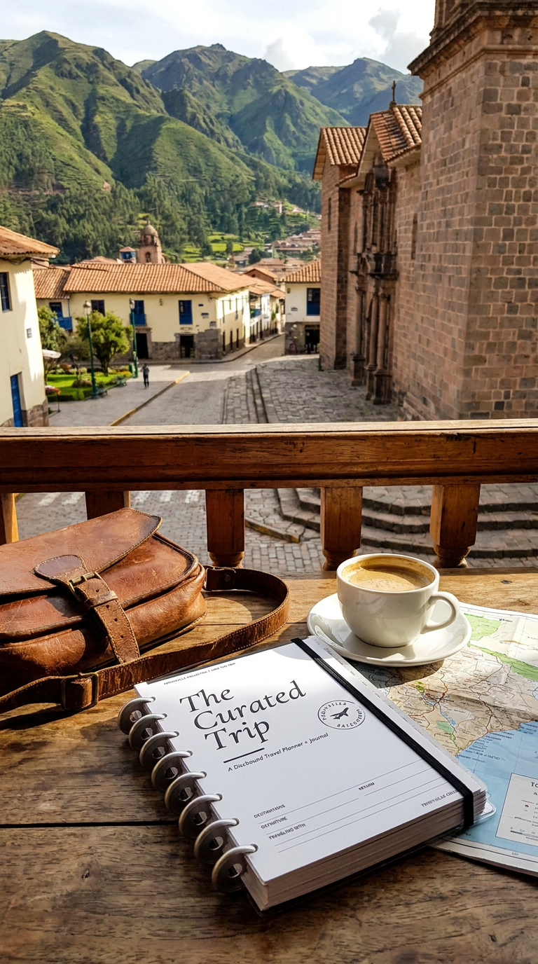 A Trouvaille Collective discbound travel journal on a table in South America