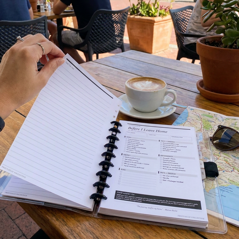A person's hand holds an open discl-bound planner on a wooden table at an outdoor cafe, with a cup of coffee, sunglasses, a map, and a scenic view of Table Mountain in the background. Trouvaille Collective Planner