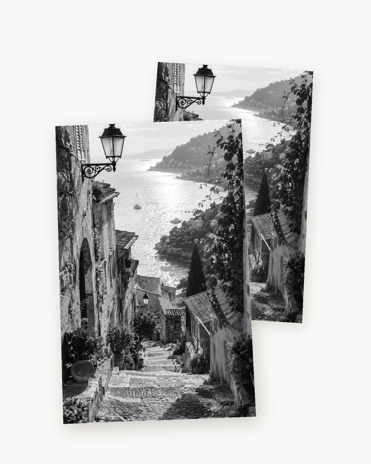 Two Black & White Walkway cardstock planner dashboards angled to show the printed board