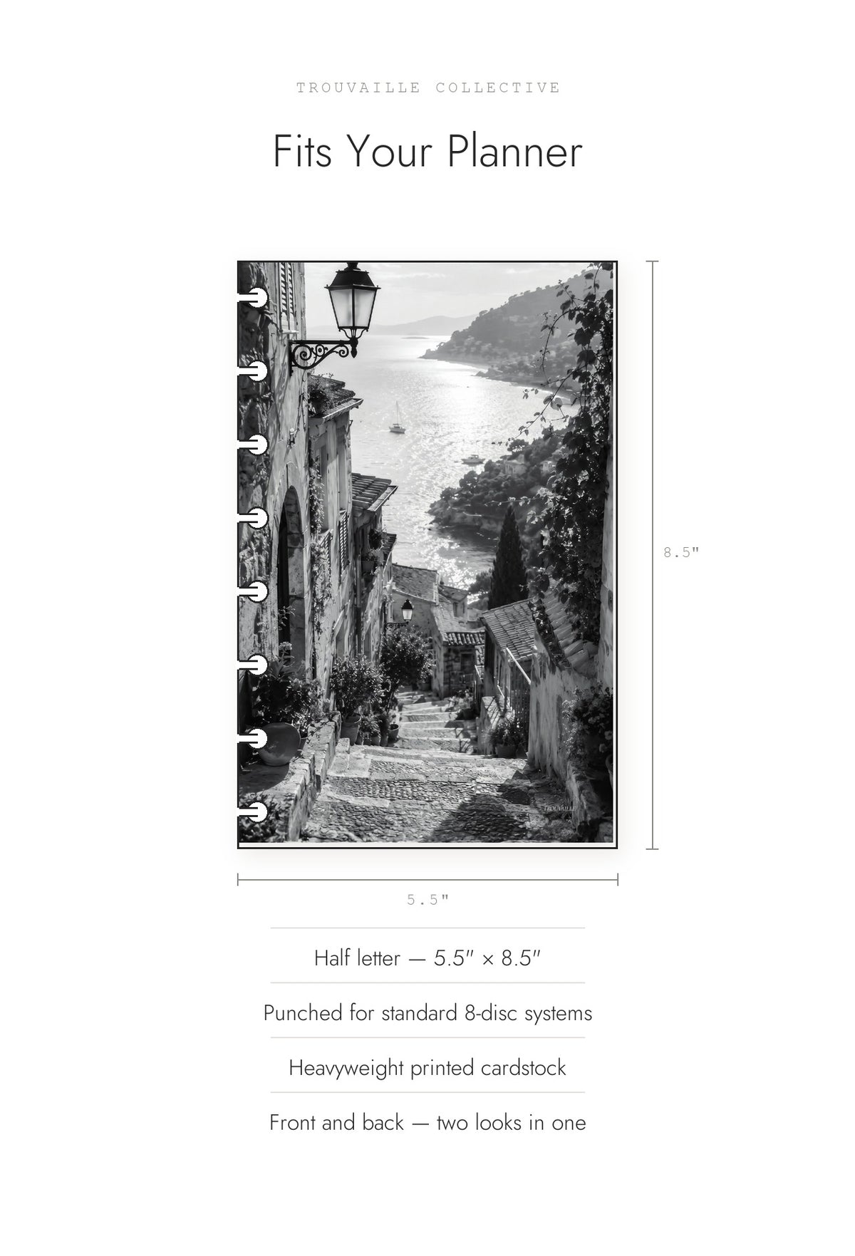 Black & White Walkway cardstock dashboard shown at half letter 5.5 by 8.5 inches, punched for 8-disc planners