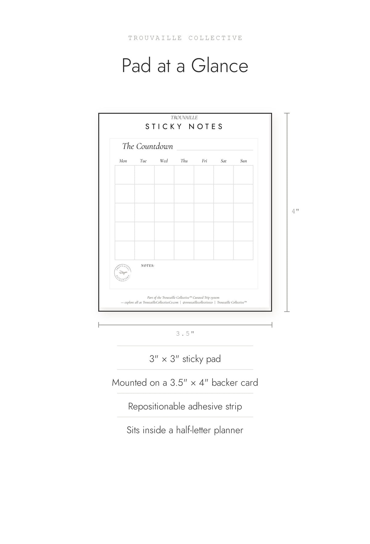 Calendar sticky notes shown at 3 by 3 inches on a 3.5 by 4 inch backer card
