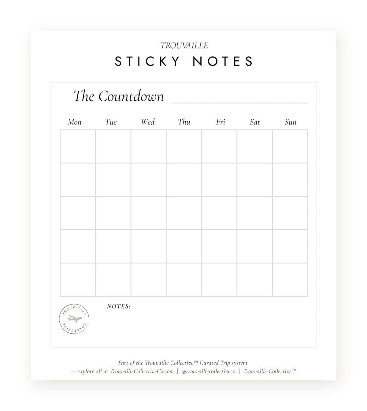 Calendar sticky notes for travel planners — monthly calendar grid