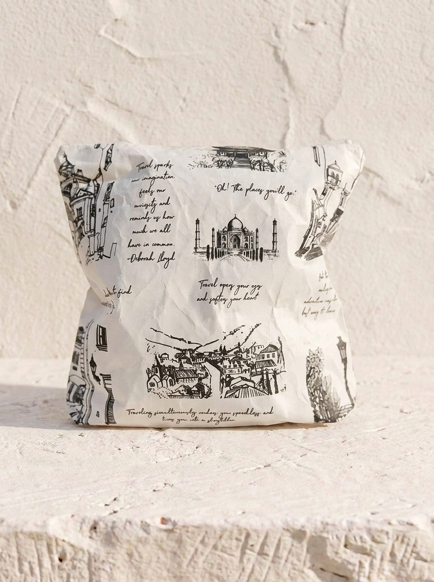 Cities small water-resistant accessory bag — an 8 x 7 inch zip travel pouch printed with black and white architectural sketches and handwritten travel quotes