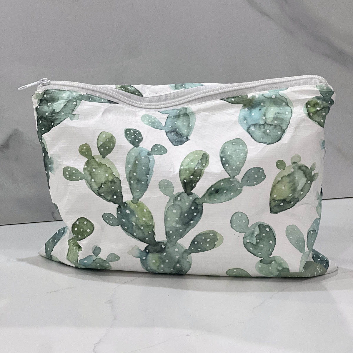 Cool Cactus Medium water-resistant flat accessory bag with watercolor prickly pear cactus print