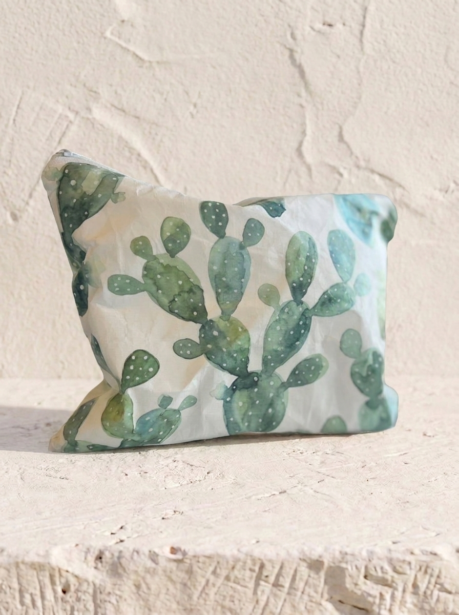 Cool Cactus medium water-resistant accessory bag — a flat 12 x 9 inch travel pouch in a green watercolor cactus print