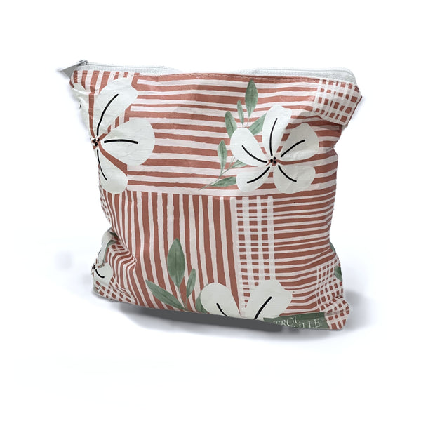 Coral Flowers Small water-resistant accessory bag with terracotta stripes and white flowers