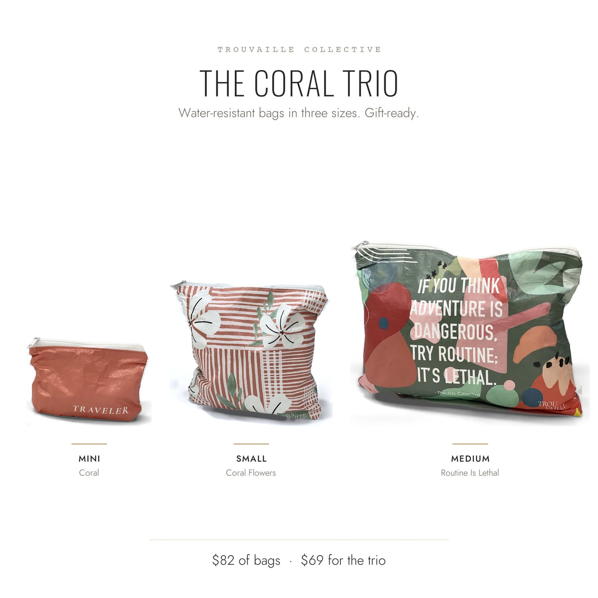 The Coral Trio: the Coral Mini, Coral Flowers Small and Routine Is Lethal Medium water-resistant accessory bags side by side