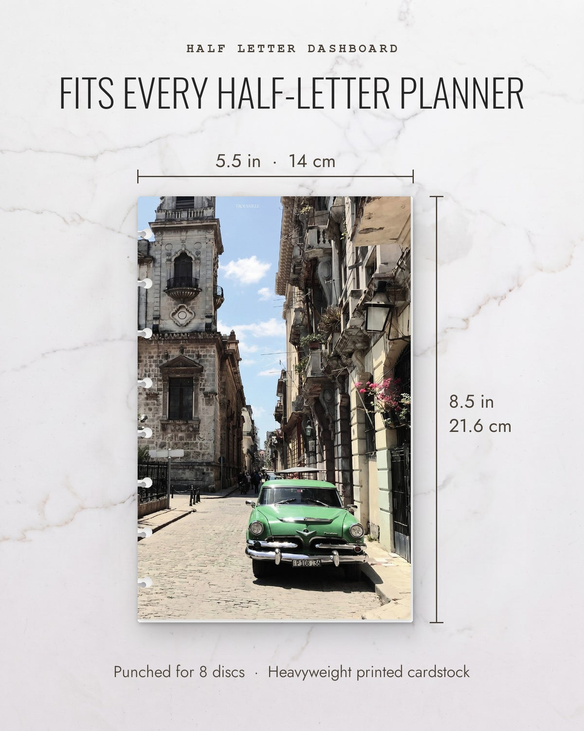 Cuba cardstock planner dashboard measures 5.5 x 8.5 inches (14 x 21.6 cm), half letter, punched for 8 discs