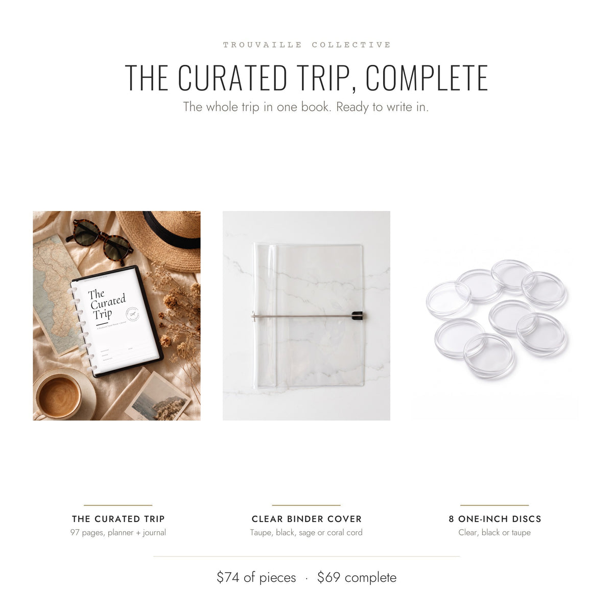 What's inside The Curated Trip, Complete: the 97-page travel planner and journal, a clear binder cover and 8 one-inch discs