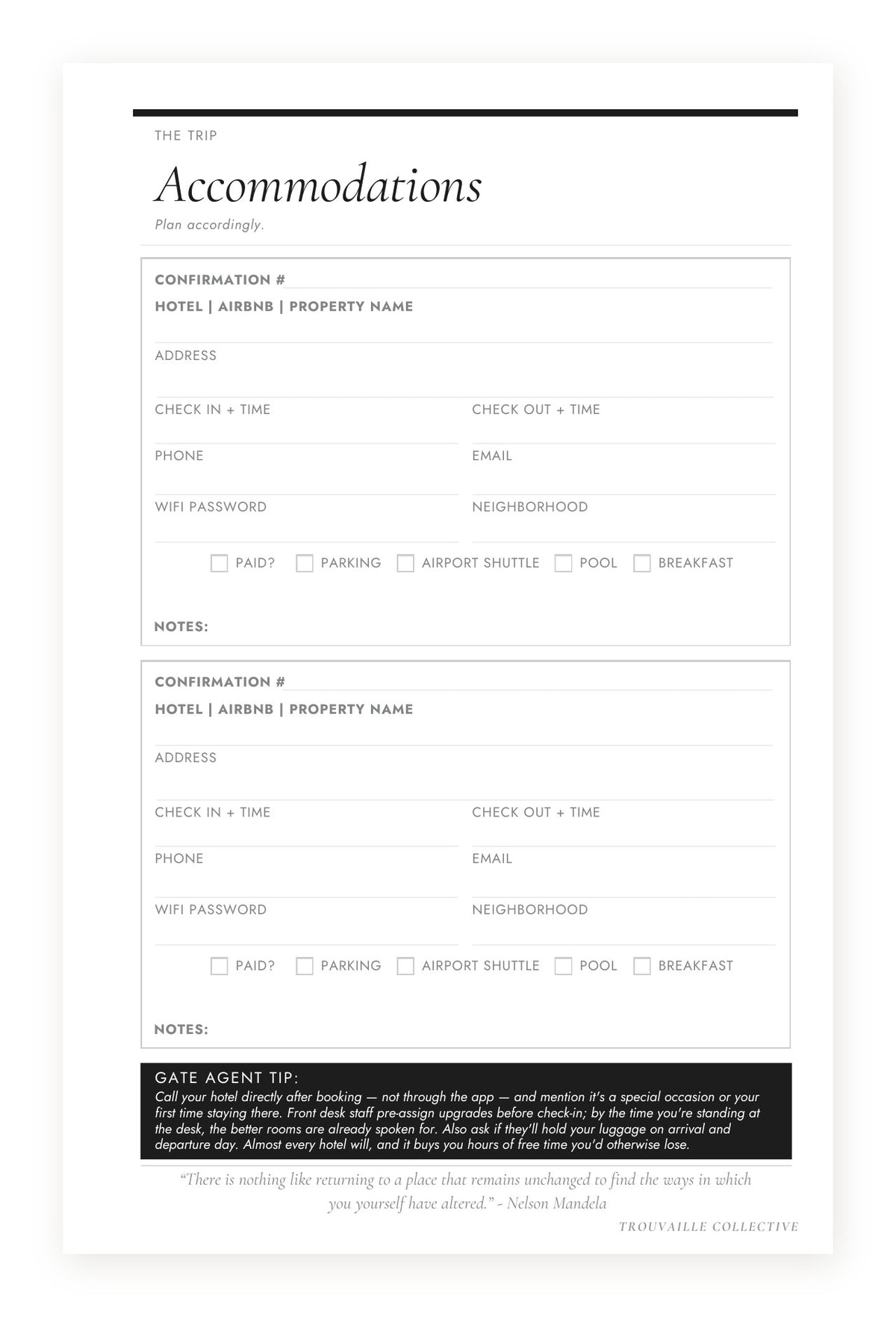 Accommodations planner page in The Curated Trip travel planner