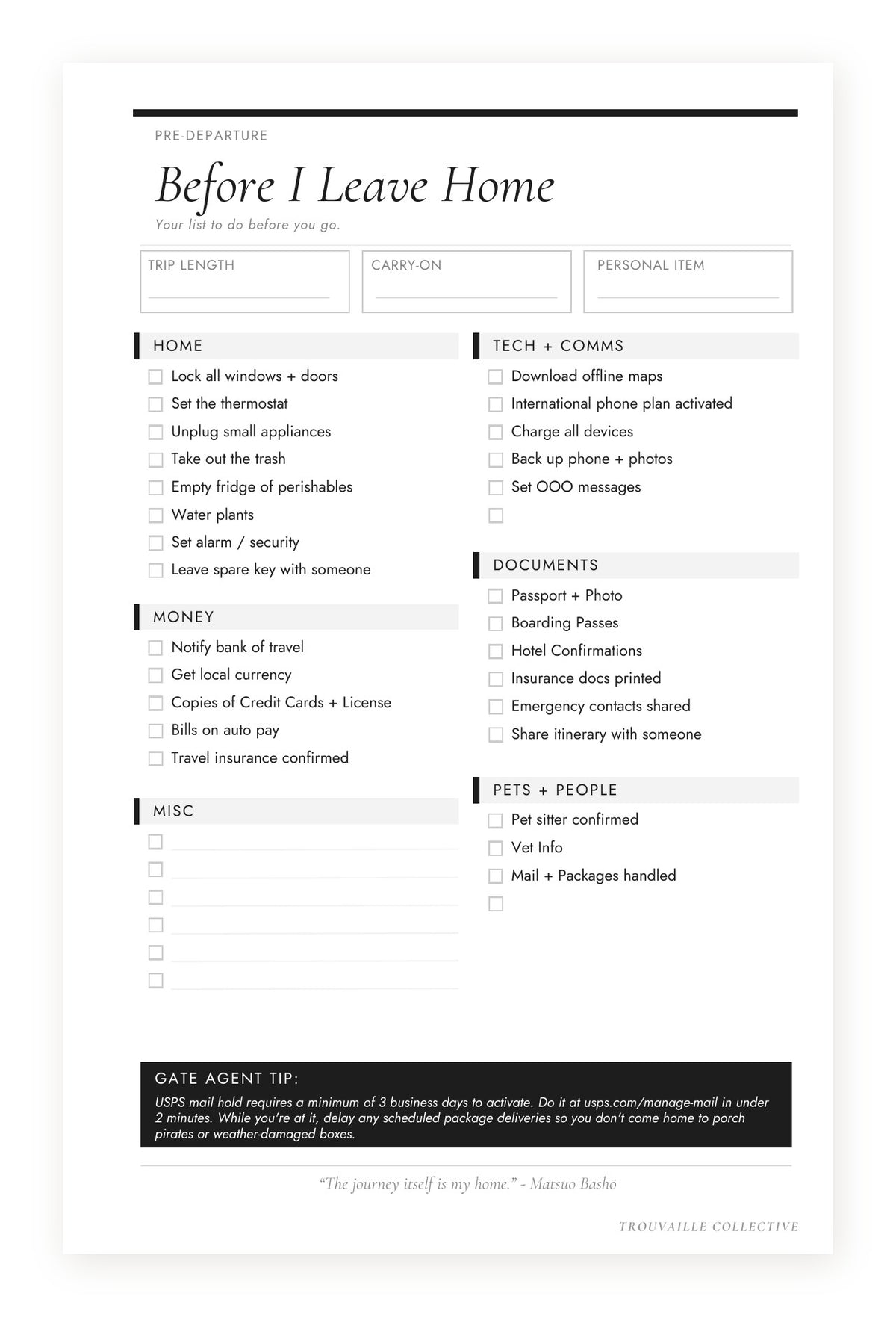 Before I Leave Home checklist page in The Curated Trip travel planner