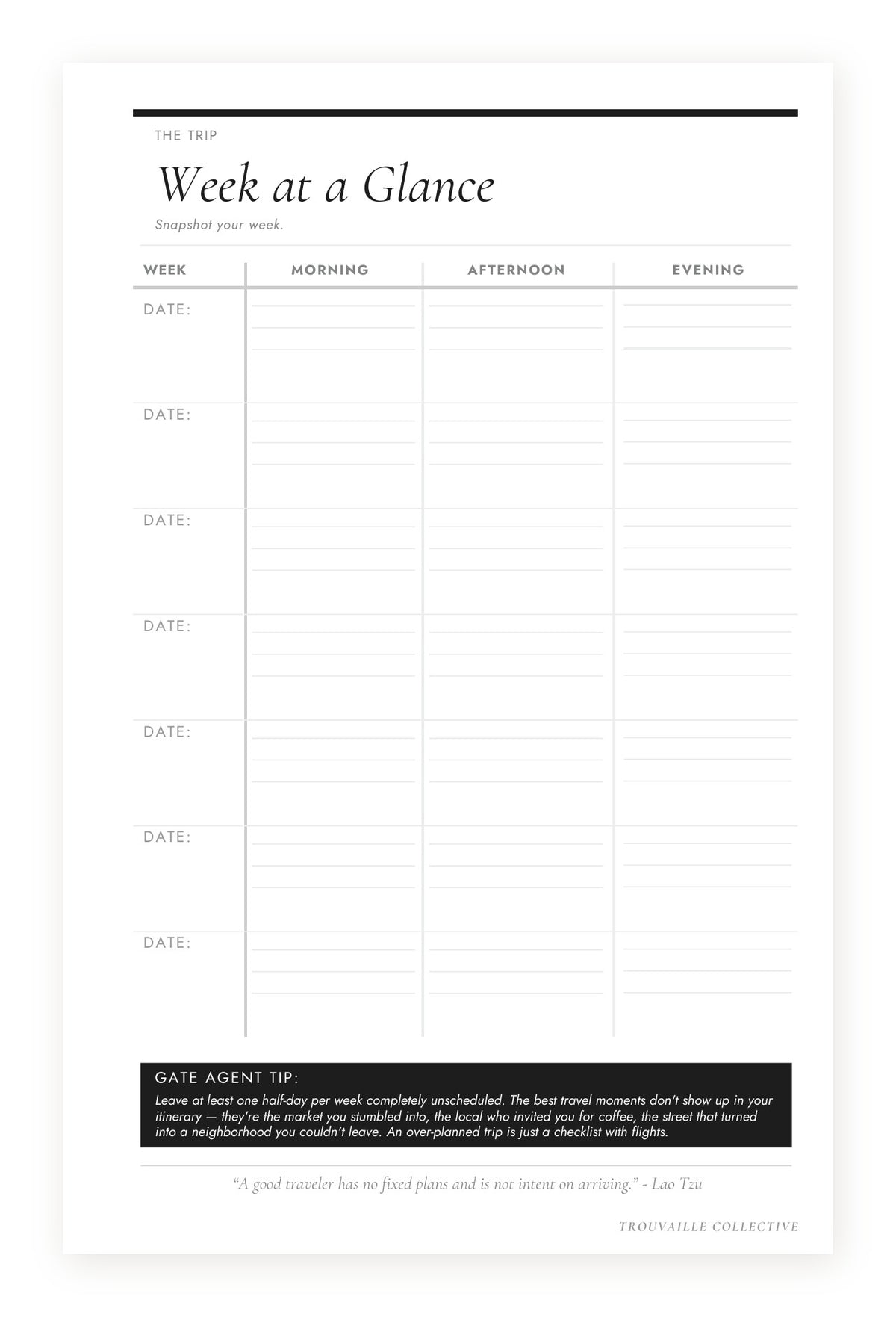 Week at a Glance weekly plan page in The Curated Trip travel planner