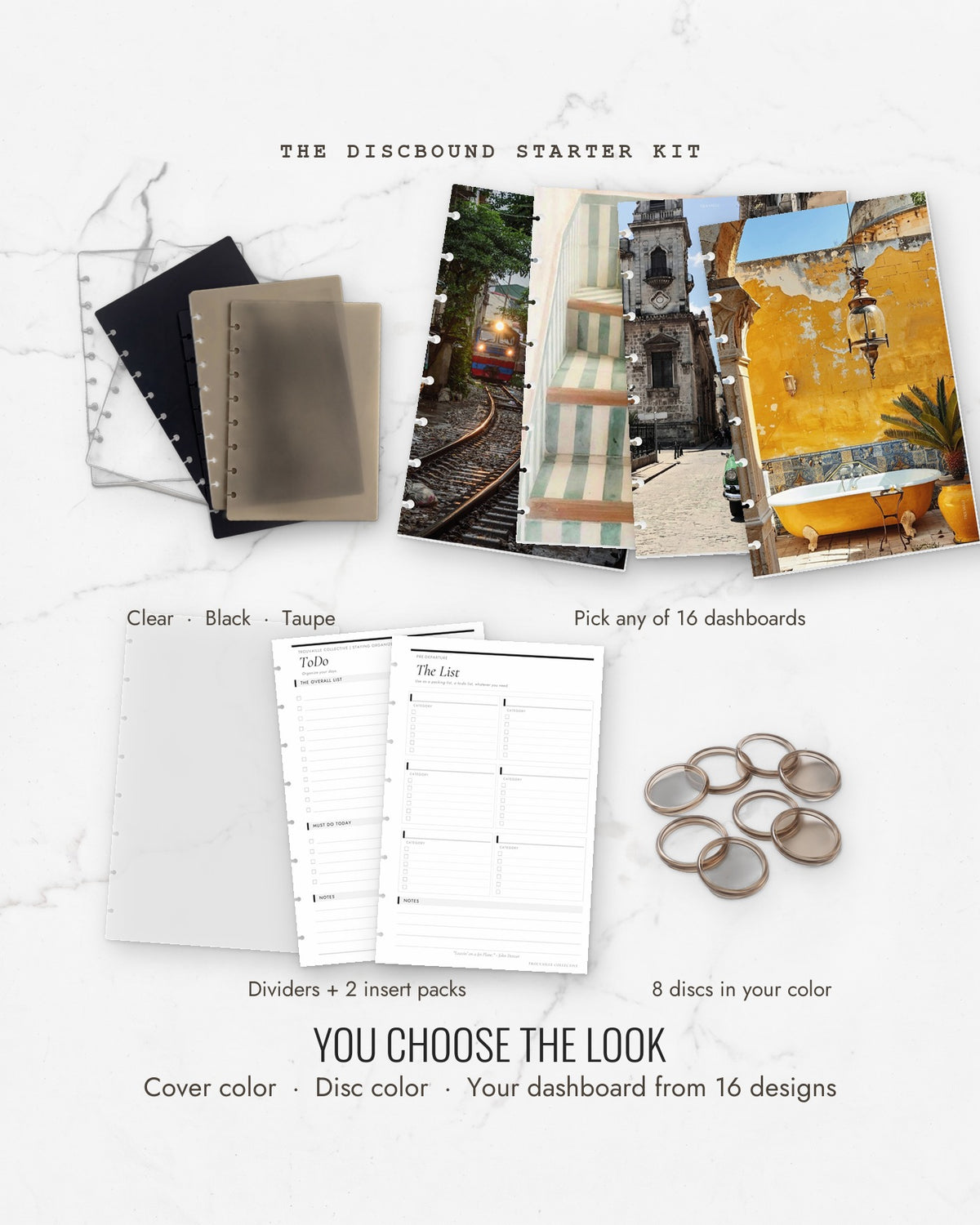 The Discbound Starter Kit: choose your cover color (clear, black or taupe), your disc color and any of 16 dashboards; includes dividers, two insert packs and 8 discs