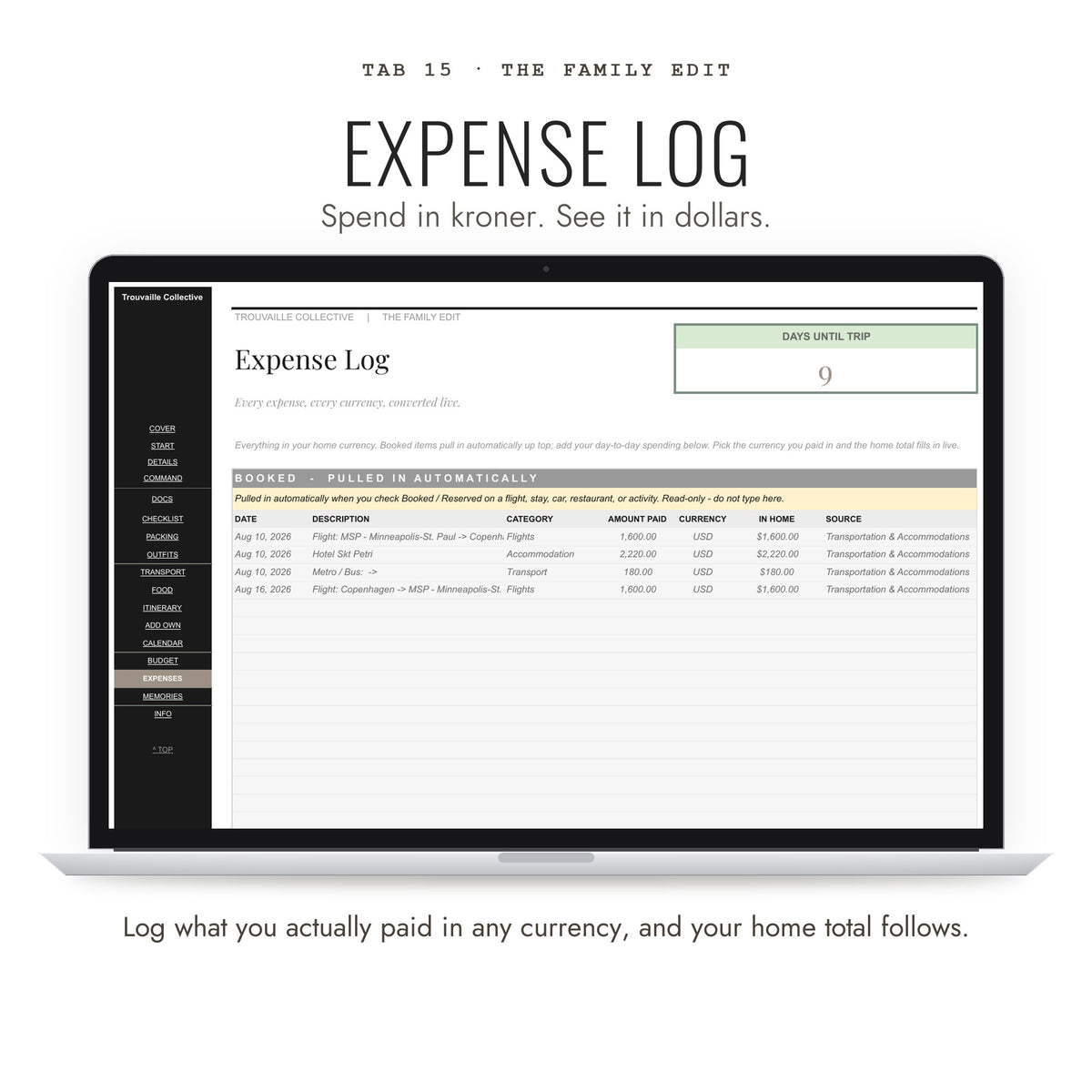 Expense Log tab converting any currency to your home currency