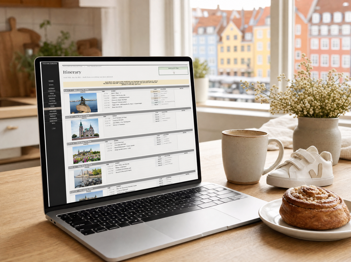 The Family Edit open on a laptop in a sunny Copenhagen kitchen