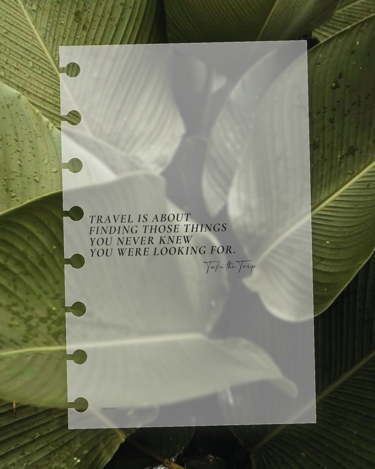Finding Those Things frosted planner dashboard on a green leaf, the leaf visible through the translucent plastic