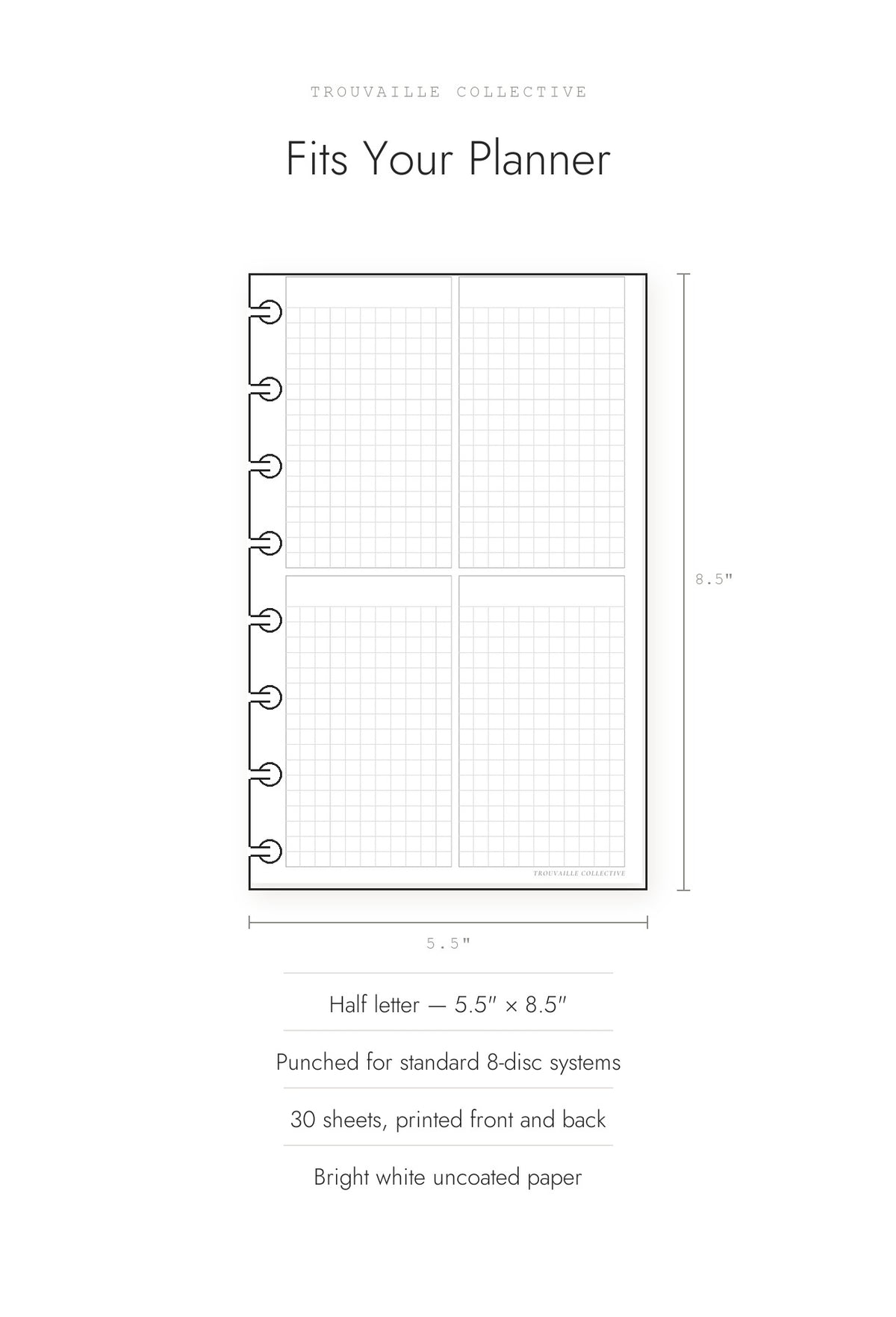 Four-Section Grid planner inserts shown at half letter 5.5 by 8.5 inches, 30 sheets, punched for 8-disc systems