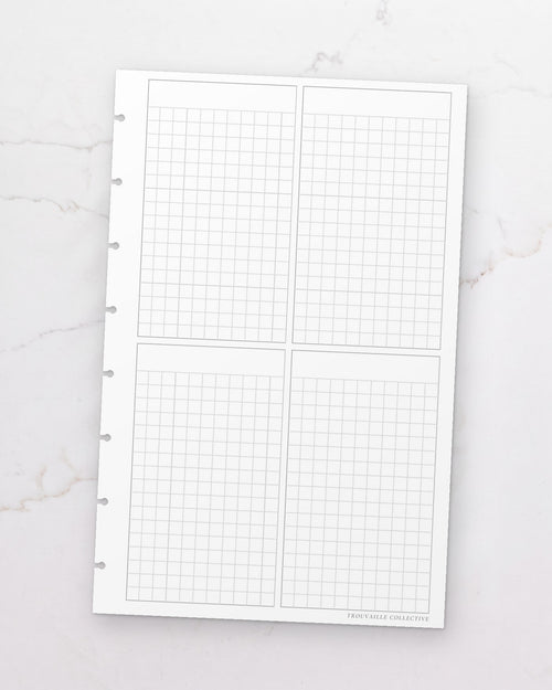 One Four-Section Grid half letter planner insert sheet, punched for 8-disc discbound planners