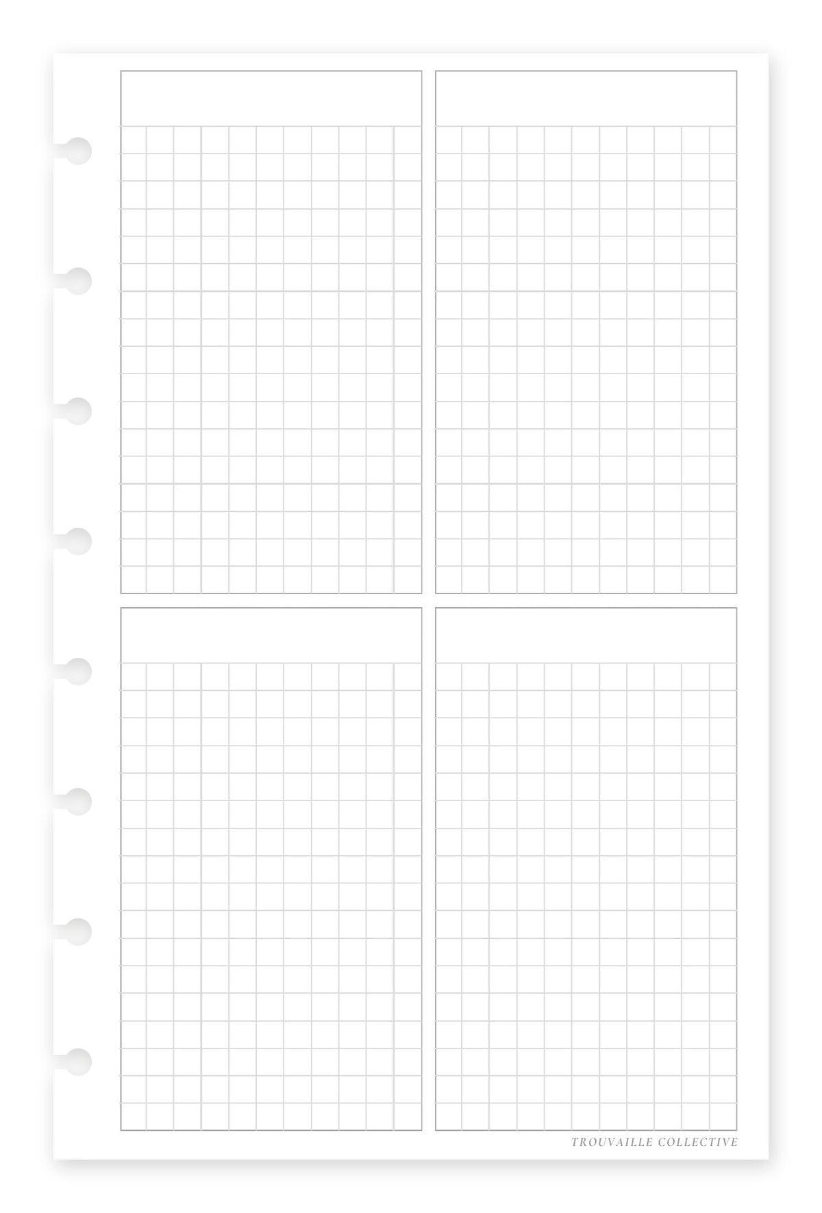 Four-Section Grid half letter discbound planner inserts — four boxed grid panels (front)