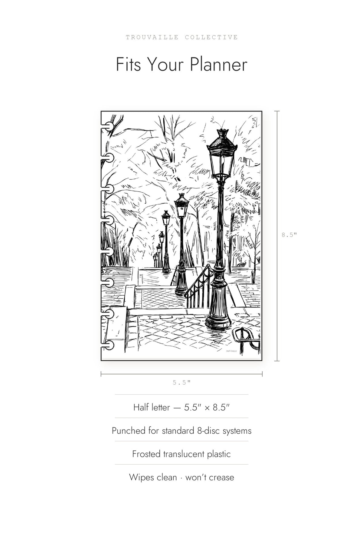 French Steps frosted dashboard shown at half letter 5.5 by 8.5 inches, punched for 8-disc planners