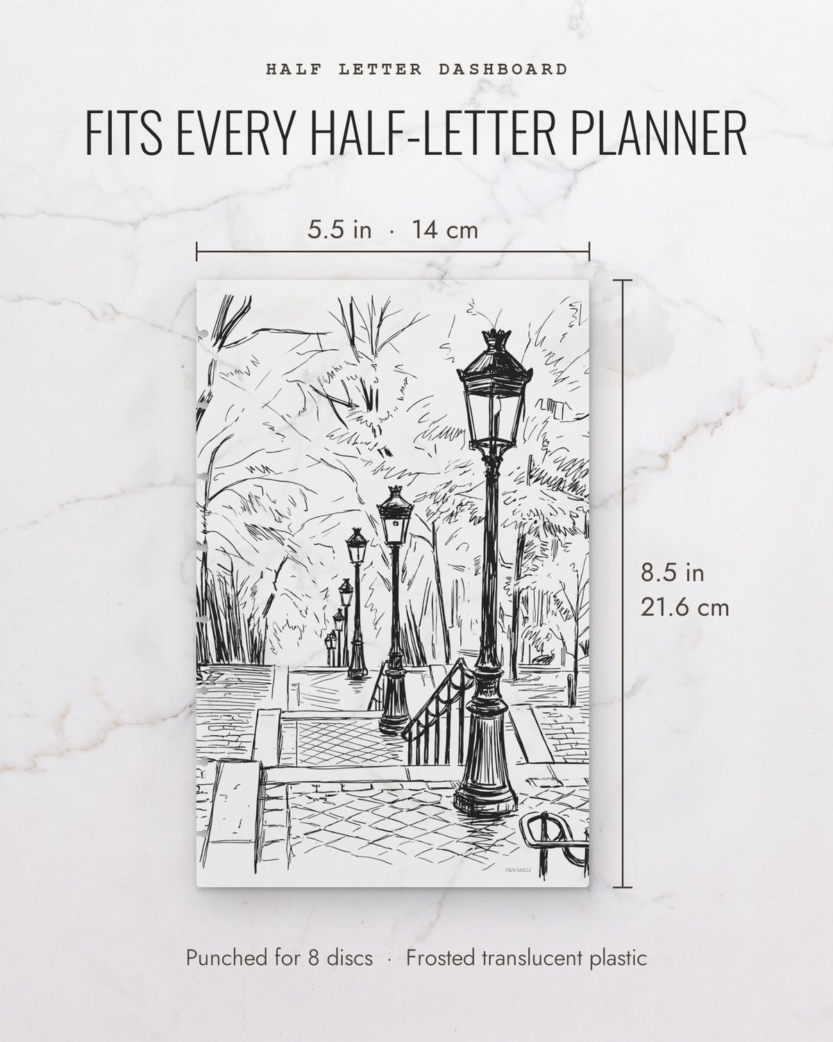 French Steps frosted planner dashboard measures 5.5 x 8.5 inches (14 x 21.6 cm), half letter, punched for 8 discs