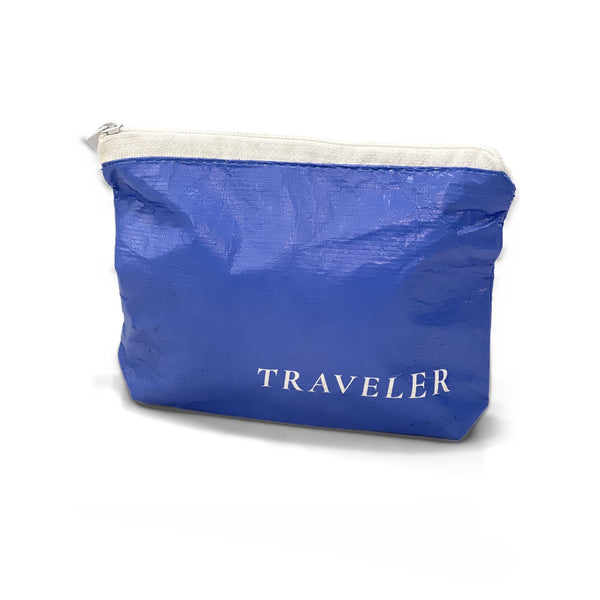 Fresh Water Blue Mini water-resistant accessory bag with white zipper and TRAVELER logo