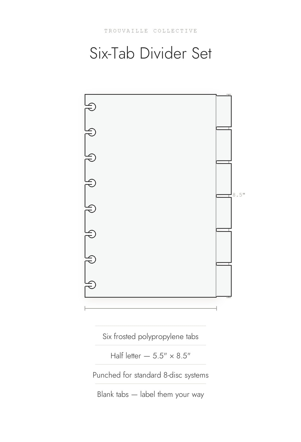 Six-tab frosted half letter discbound planner divider set with blank tabs