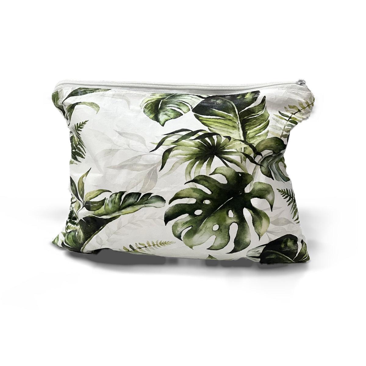 Back of the Get Dressed Medium accessory bag with green monstera and palm leaf print