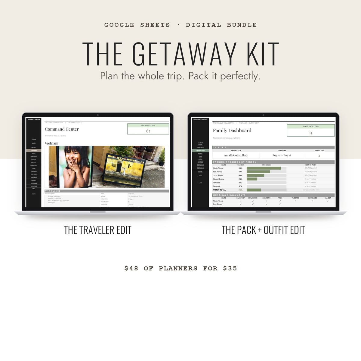 The Getaway Kit digital bundle: The Traveler Edit and The Pack + Outfit Edit Google Sheets planners
