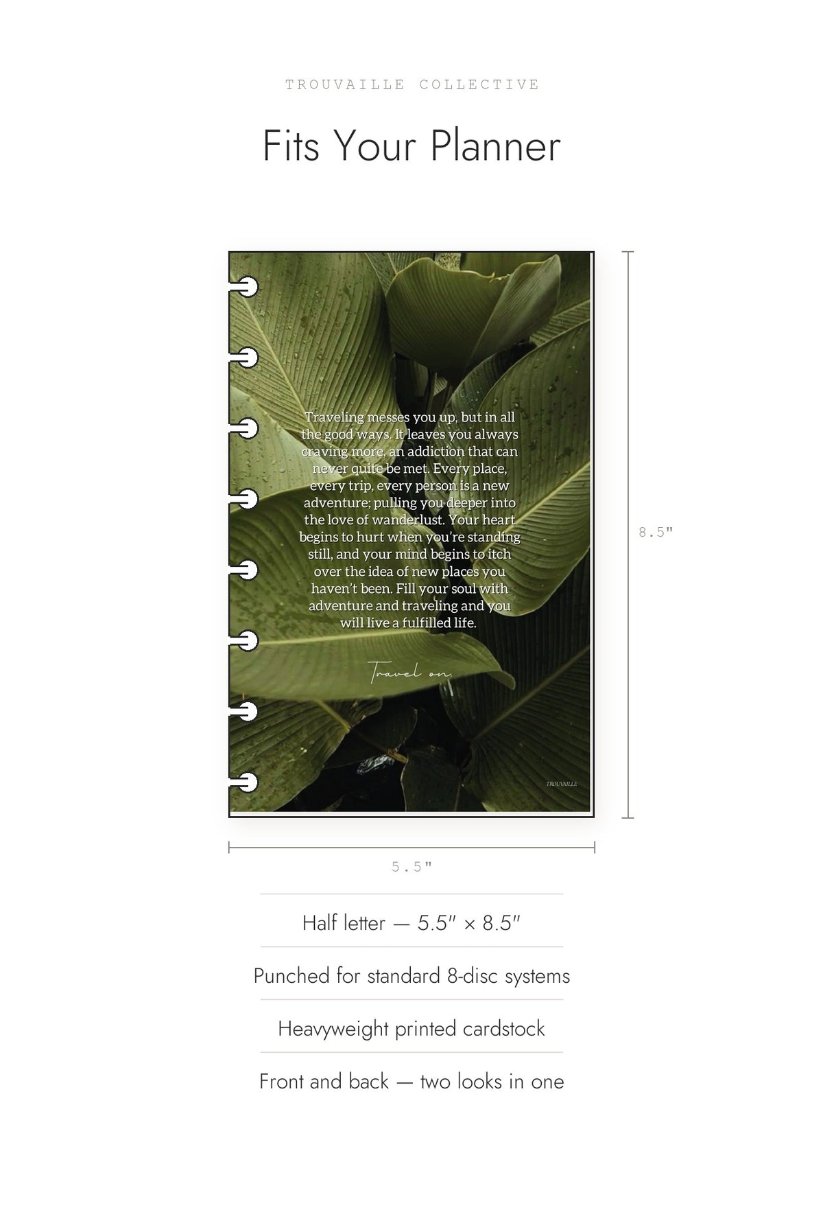 Greenery cardstock dashboard shown at half letter 5.5 by 8.5 inches, punched for 8-disc planners