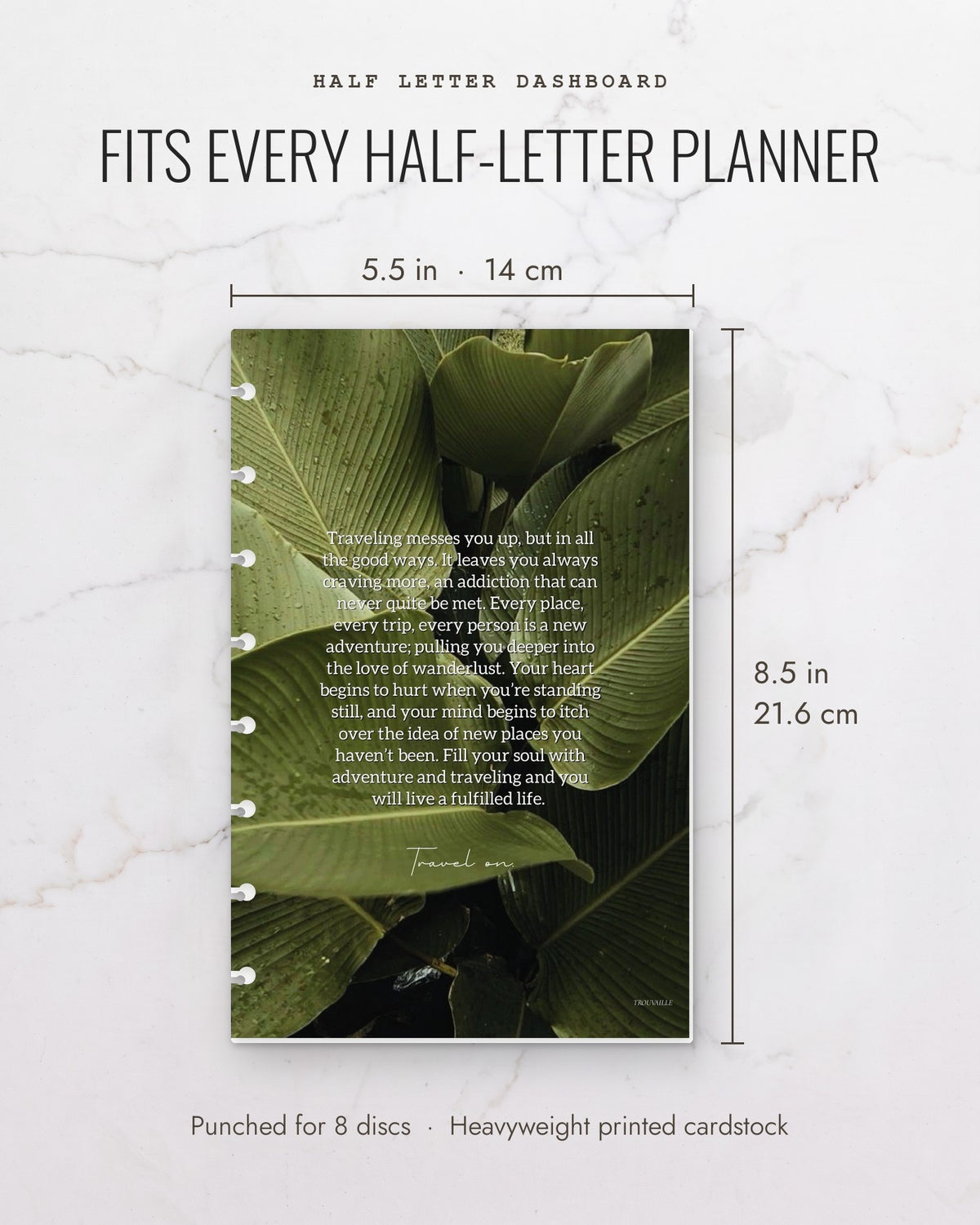 Greenery cardstock planner dashboard measures 5.5 x 8.5 inches (14 x 21.6 cm), half letter, punched for 8 discs