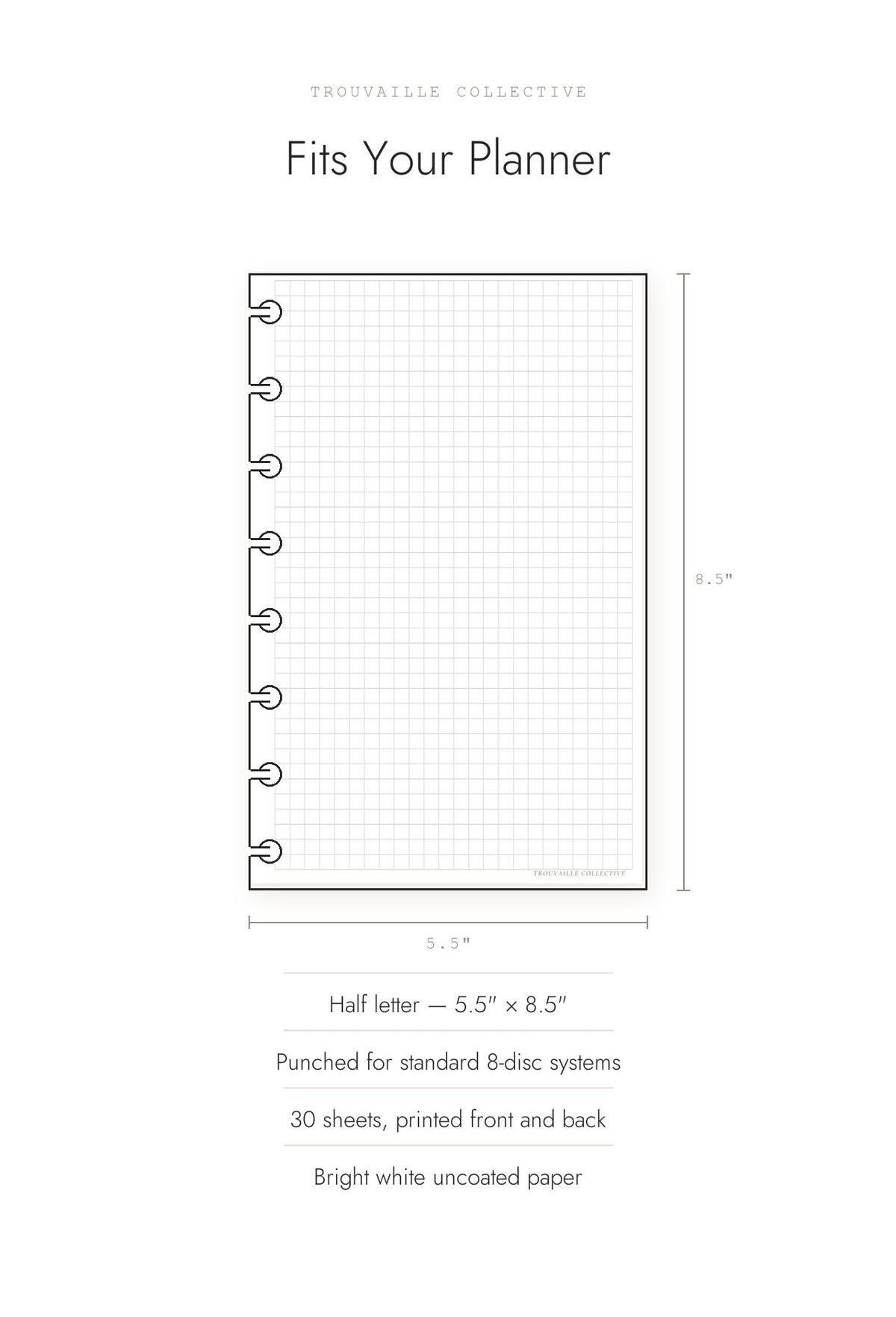 Grid planner inserts shown at half letter 5.5 by 8.5 inches, 30 sheets, punched for 8-disc systems