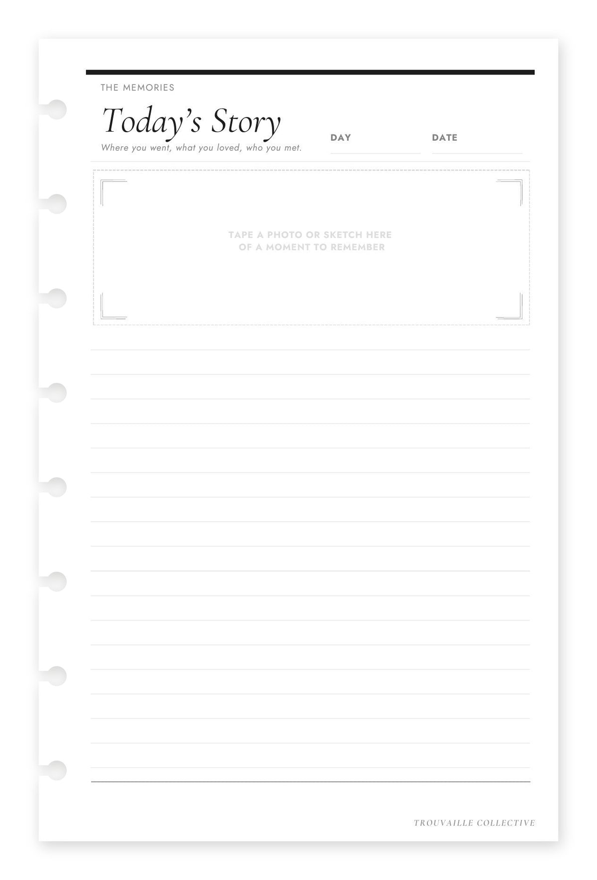 Journal Page half letter discbound planner inserts — Today's Story journal and photo pages (front)