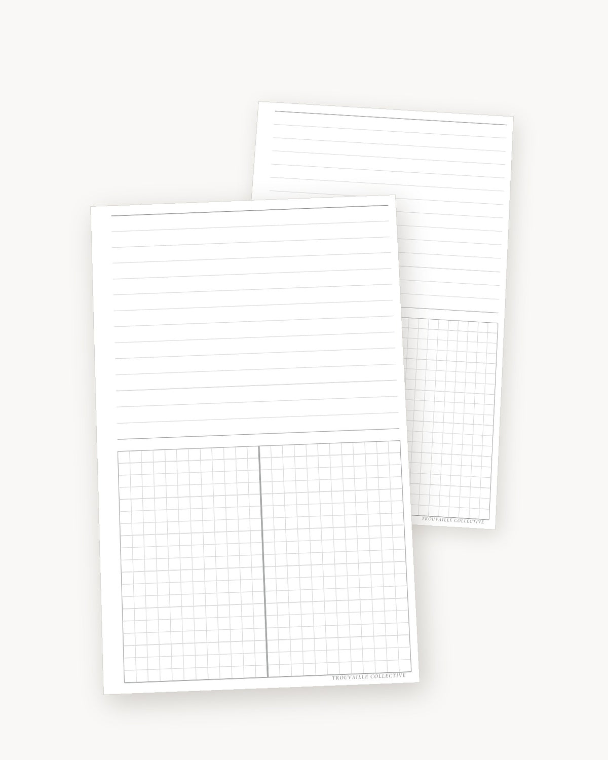 Lines + Grid half letter planner inserts angled in a stack of two sheets