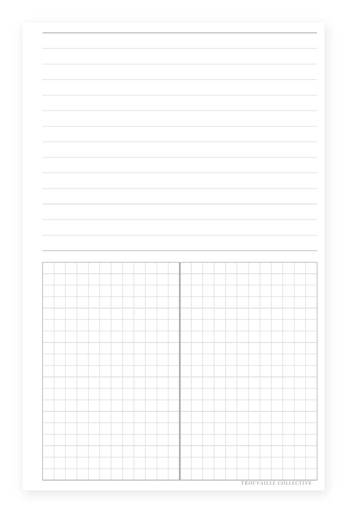 Lines + Grid half letter discbound planner inserts — lines on top, grid below (front)