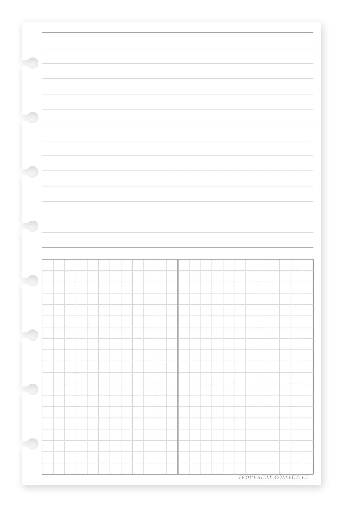 Lines + Grid half letter discbound planner inserts — lines on top, grid below (front)
