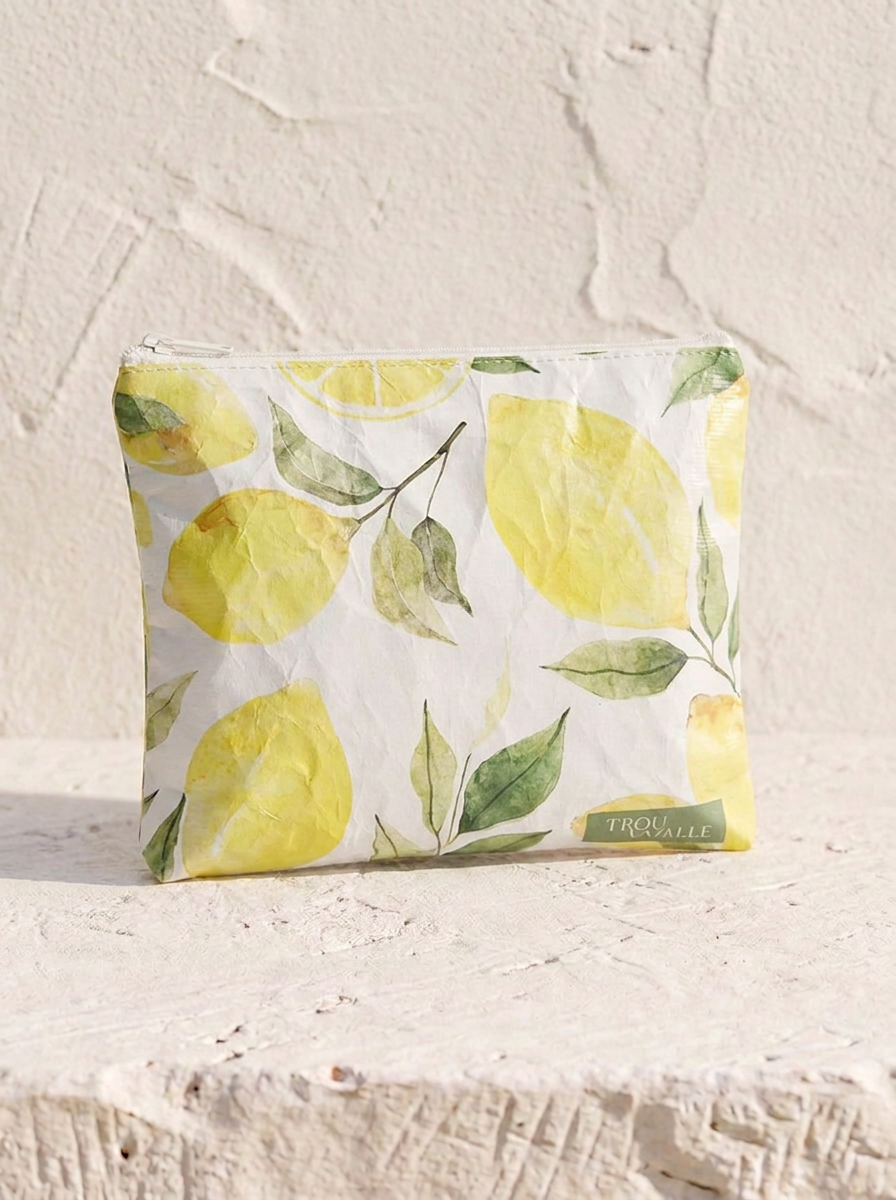 Lovely Lemons small water-resistant accessory bag — an 8 x 7 inch zip travel pouch in a hand-painted yellow lemon print