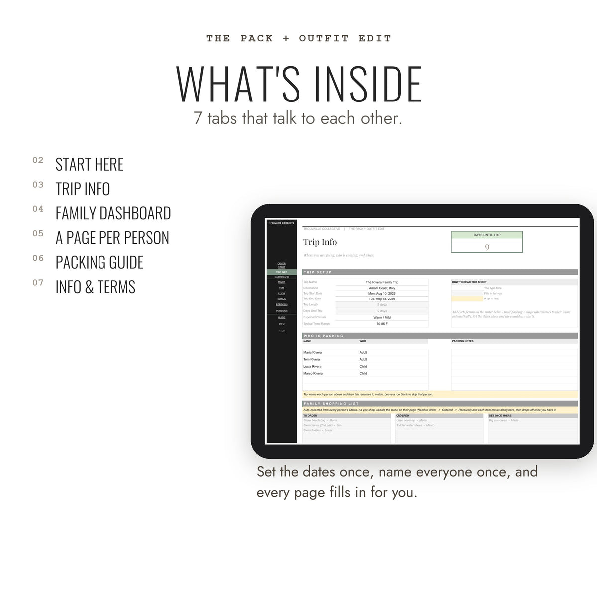 What's inside The Pack + Outfit Edit: 7 connected Google Sheets tabs