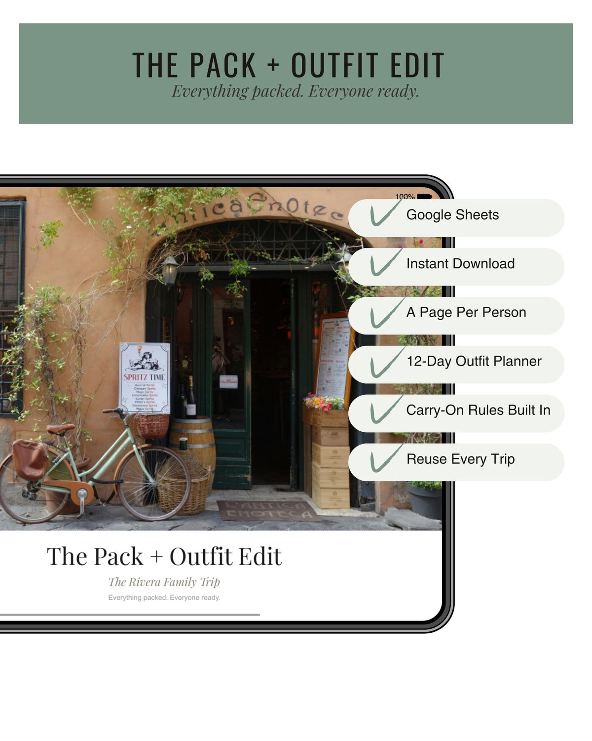 The Pack + Outfit Edit, a packing and outfit planner template for Google Sheets