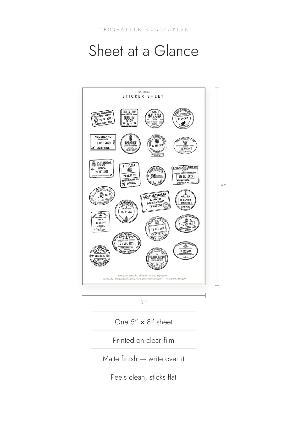 Passport Stamps clear sticker sheet shown at 5 by 8 inches, matte finish