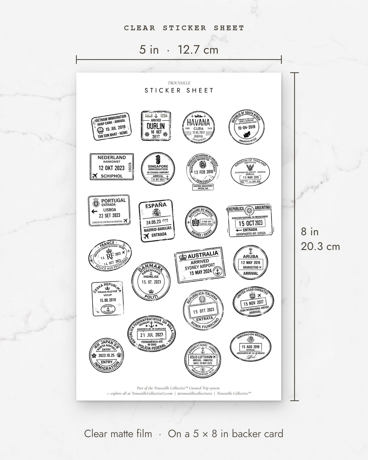 Passport Stamps clear sticker sheet measures 5 x 8 inches (12.7 x 20.3 cm)