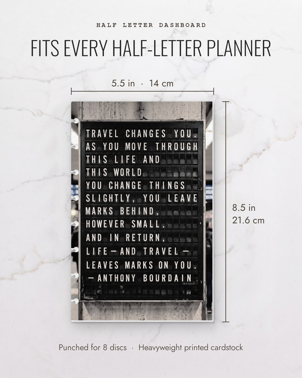 Split-Flap Board cardstock planner dashboard measures 5.5 x 8.5 inches (14 x 21.6 cm), half letter, punched for 8 discs