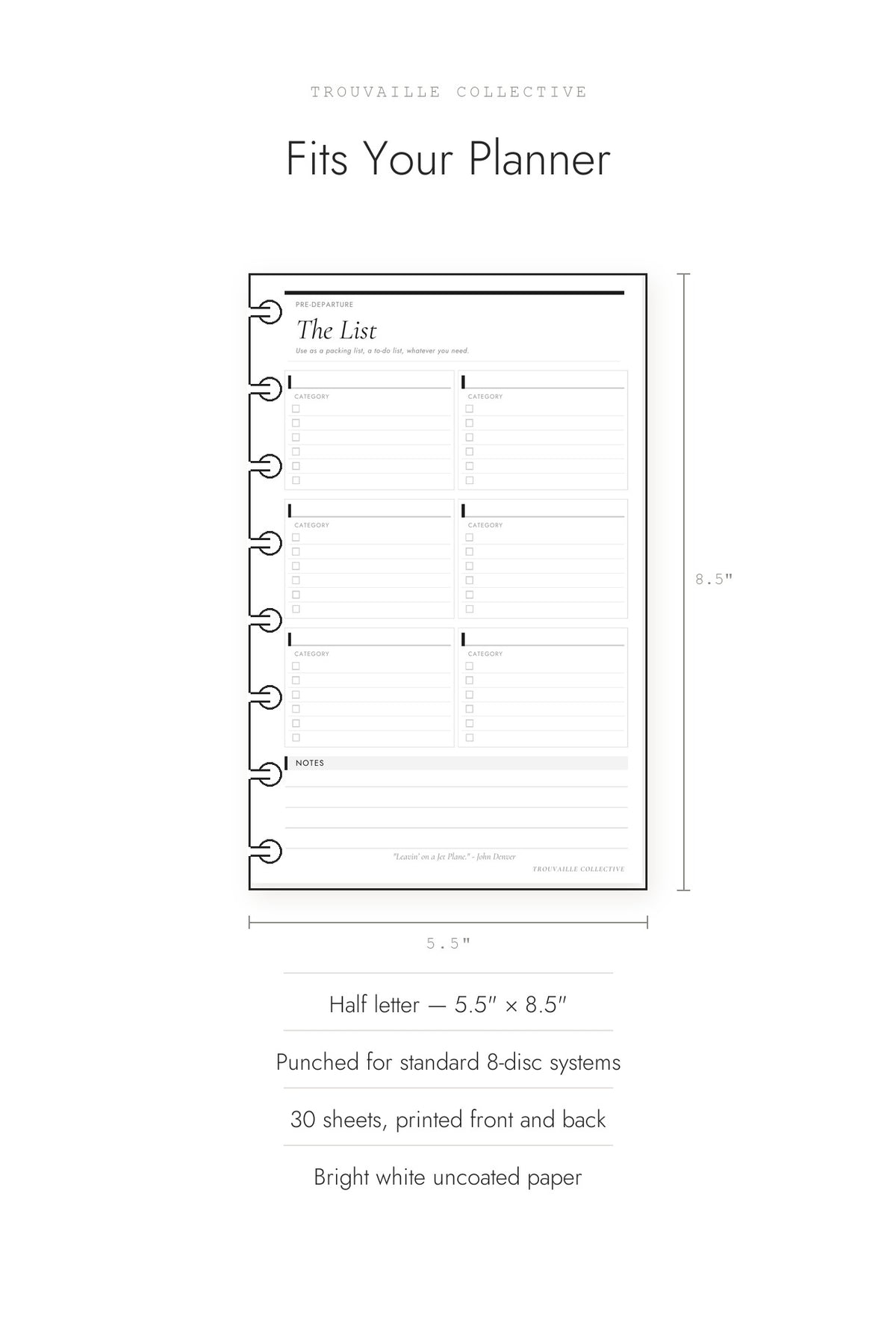 The List planner inserts shown at half letter 5.5 by 8.5 inches, 30 sheets, punched for 8-disc systems