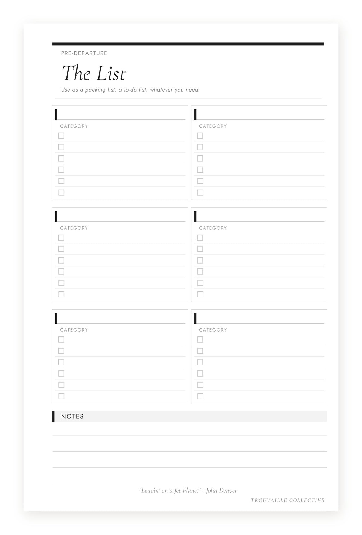 The List half letter discbound planner inserts — categorised list page (front)
