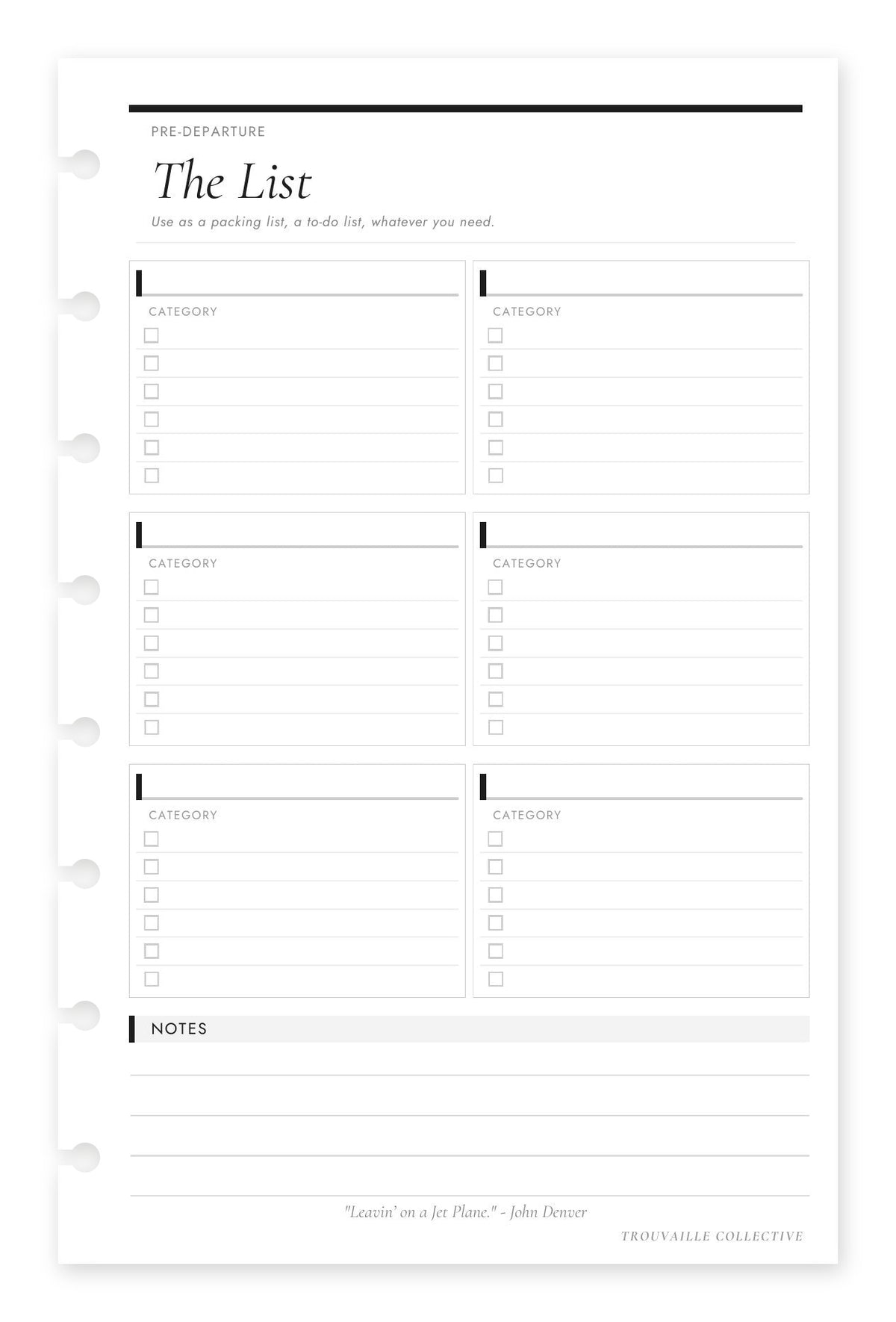 The List half letter discbound planner inserts — categorized list page (front)