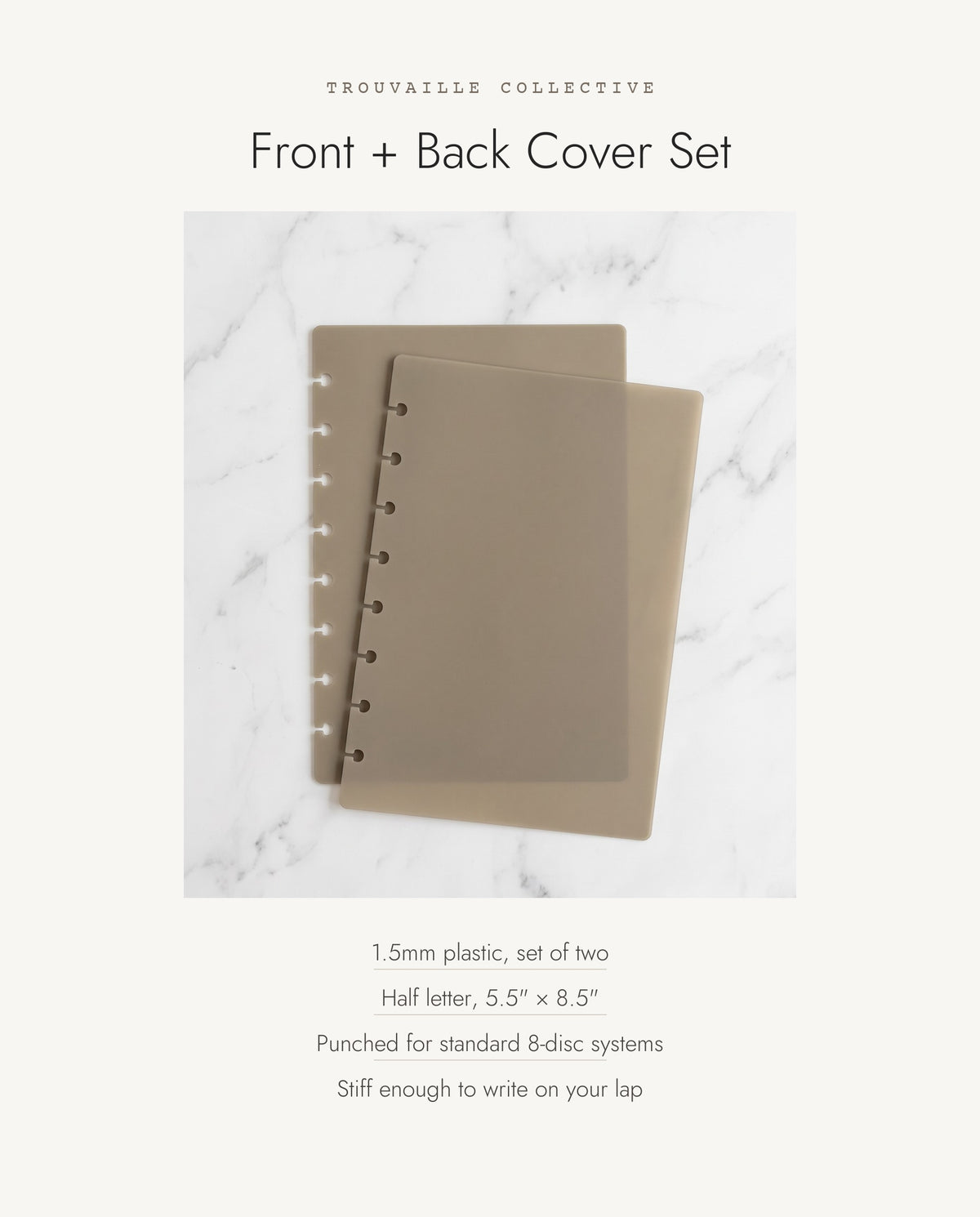 Notebook cover set details: 1.5mm plastic, set of two, half letter 5.5 x 8.5 inches, punched for 8-disc systems