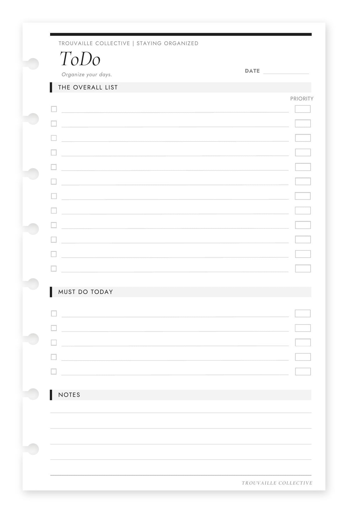 To Do half letter discbound planner inserts — priority to-do page (front)