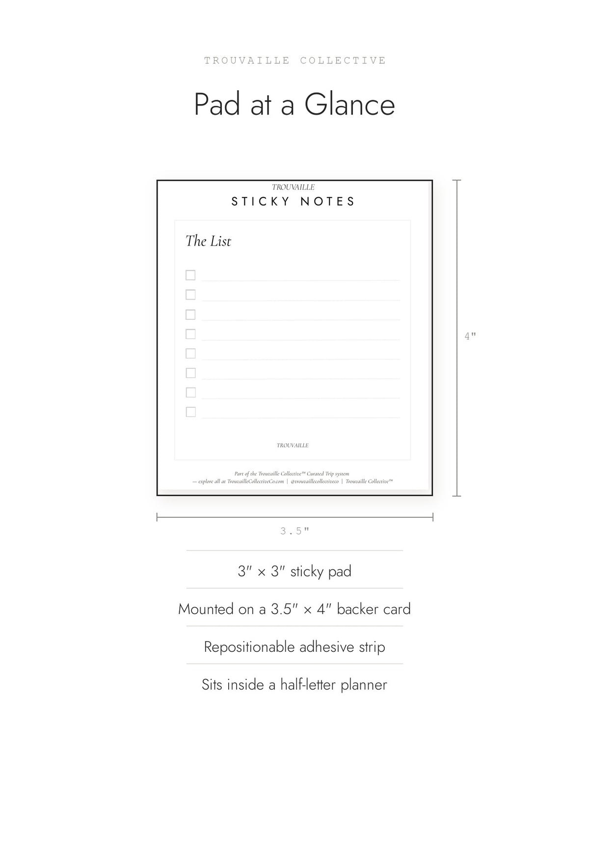 To Do sticky notes shown at 3 by 3 inches on a 3.5 by 4 inch backer card