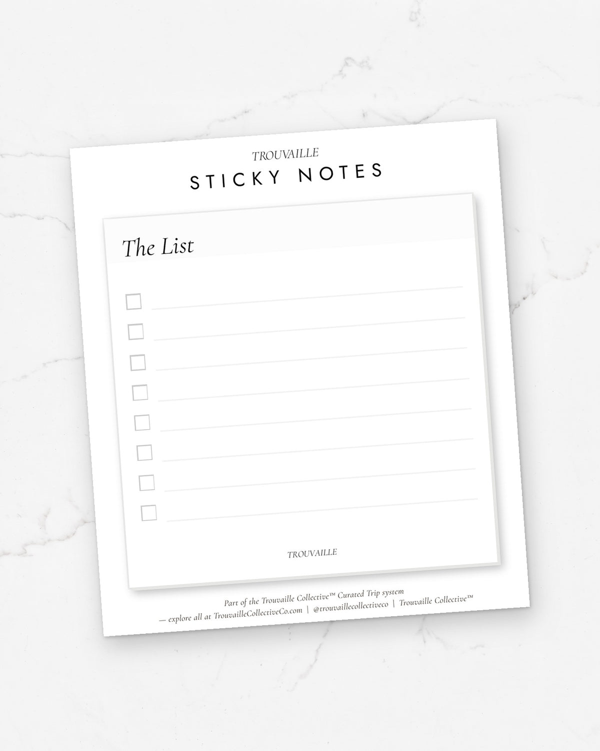 The List sticky note pad mounted on its Trouvaille backer card, as it ships